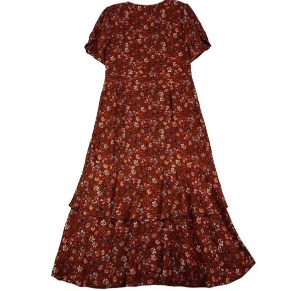 Nanette Lepore Dress Women's 8 Brown Rust Floral Tiered Wrap Front Breezy Maxi - Picture 2 of 14